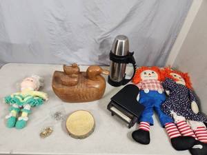 lot 65 image: Large & Heavy Wood Duck with Storage, The Rock Thermos, Dolls, and More