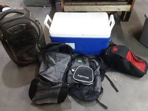 Backpack, Camera bag, and Cooler.