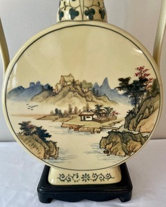 lot 141 image: Large Vintage Chinese Countryside Themed Flat Sided Vase with a Wooden Base