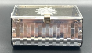 lot 40 image: Retro Metal Woven Handbag with Floral Etched Lucite Lid and Handle