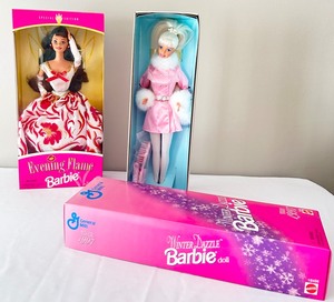 lot 68 image: 2 Barbies Evening Flame Barbie Special Edition Brunette (1995) and Vintage 1997 Winter Dazzle Barbie - General Mills