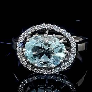 1.30 Carat Oval Natural Aquamarine & Diamond East-West Floating Halo Ring in 14k White Gold $2,650 Retail VIDEO