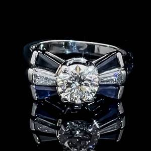 2.57 Carat Art Deco Diamond Solitaire Baguette Diamond & Blue Sapphire Bow-Tie Ring in Platinum $7,250 Retail VIDEO