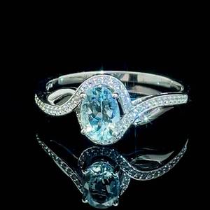 Oval Natural Aquamarine & Diamond Halo Crossover Ocean Wave Split Ring in 14k White Gold $2,200 Retail VIDEO