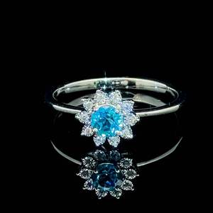 Round Blue Topaz & Diamond Petite Floral Cluster Ring in White Gold $1,299 Retail