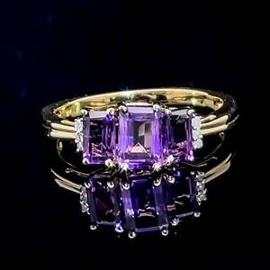 Amethyst & Diamond Emerald Cut Tiered Three-Stone Scalloped Ring in Yellow Gold $1,650 Retail