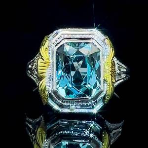 Aquamarine Vintage Carved Engraved Solitaire Filigree Statement Ring in 14k Two-Tone Yellow & White Gold $1,950 Retail