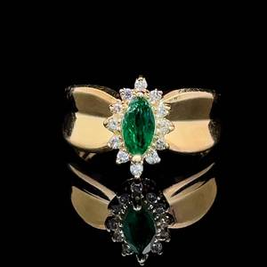 Natural Emerald & Diamond Marquise Flower Cluster Concave Ring in 14k Yellow Gold $1,699 Retail