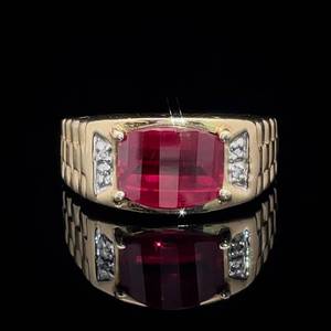 Mens Red Rubellite & Natural Diamond Watch Link Style Ring in Yellow Gold $1,400 Retail