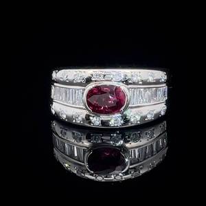 Oval Natural Ruby East-West Bezel & Diamond Round & Baguette Triple Row Estate Ring in Platinum $3,780 Retail VIDEO