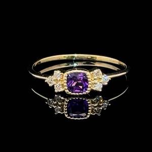 Square Cut Amethyst & Diamond Bow-Tie Candy Petite Stack Ring in Yellow Gold $1,800 Retail