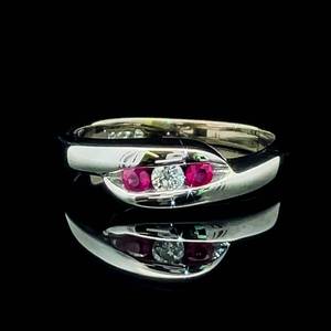 Natural Ruby & Diamond Three-Stone Swirling Bypass Ring in White Gold $1,450 Retail
