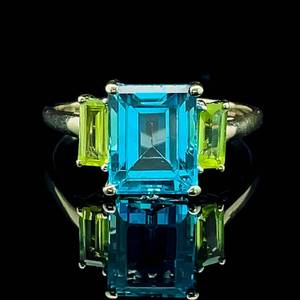 Vibrant Color Semi-Precious Blue Topaz & Diamond Rectangular Cut Three-Stone Ring in White Gold $1,475 Retail