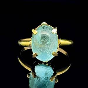 Natural Aquamarine Oval Dome Cabochon Solitaire Crown Custom Estate Ring in 14k Yellow Gold $1,180 Retail