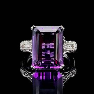 Vibrant, Rich Purple Amethyst Emerald Cut Solitaire & Pave Ring, Large Size VIDEO