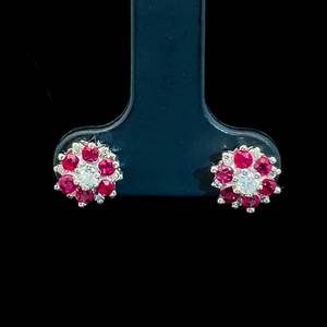 Natural Ruby & Diamond Round Floral Cluster Stud Earrings in 14k White Gold $1,450 Retail VIDEO