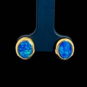 Shimmering Play-of-Color Blue Opal Oval Inlay Bezel Stud Earrings in 14k Yellow Gold $1,299 Retail