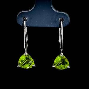 Checkerboard Triangle Peridot Solitaire Dangle Earrings in 14k White Gold w Lever Backs $1,299 Retail