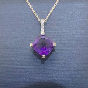 1.72 Carat Amethyst Square Checkerboard Solitaire & Diamond Pendant Necklace in Yellow Gold  VIDEO 
