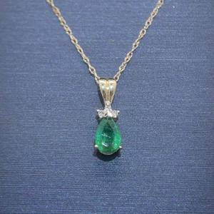 Emerald Pear-Shaped Solitaire & Diamond Cluster Petite Drop Pendant Necklace in Yellow Gold  VIDEO 