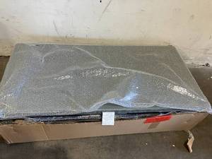 lot 64 image: LOT OF 2 AWQM Mid-Century Grey Faux Leather Upholstered Loveseat Sofa