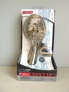 lot 305 image: Delta SureDock 7-Spray 5 in. Single Wall Mount Handheld H2Okinetic Shower Head in SpotShield Brushed Nickel