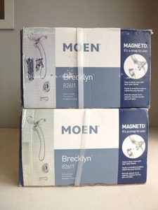 lot 318 image: LOT OF 2 Moen Brecklyn Single-Handle 6-Spray Tub and Shower Faucet with Magnetix Rainshower Combo in Chrome with Valve