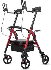 lot 12 image: ELENKER Heavy Duty Upright Walker, Bariatric Stand Up Rollator Walker with Extra Wide Padded Seat & Backrest, Supports Up to 500 lbs, for Senior (Red) hfk-9219b