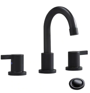lot 28 image: Phiestina 3-Hole Low-Arch 2-Handle Wide spread Bathroom Faucets with Valve and Metal Pop-Up Drain Assembly Model # HDWF15-1-MB UPC Code # 768488609930