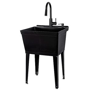 lot 49 image: Black Utility Sink with High Arc Black Faucet   Pull Down Sprayer Spout, Heavy Duty Slop Sink