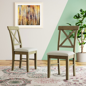 lot 69 image: Topmax 2 Pieces Farmhouse Rustic Wood Kitchen Upholstered X-Back Dining Chairs, Gray GreenGray WF198244AAB