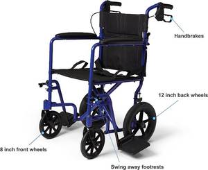 lot 57 image: Medline Lightweight Transport Wheelchair with Handbrakes, Folding Transport Chair for Adults has 12 inch Wheels, Blue