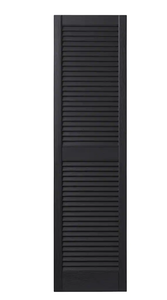 lot 56 image: 4 Pair 15 in. x 59 in. Open Louvered Polypropylene Shutters  in Black Model # VINLV1559 33 UPC Code # 099114003038