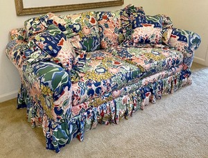 lot 1 image: Bright and Beautiful Abstract Floral Sofa by Expressions Customs
