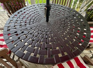 lot 9 image: Metal Bar Height Table with 6 Wooden Chairs, Cushions and Umbrella