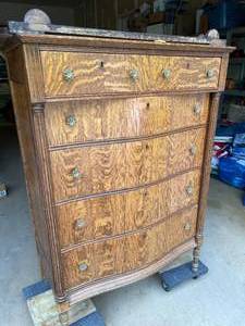lot 147 image: Vintage Wooden Five Drawer Dresser with Mirror