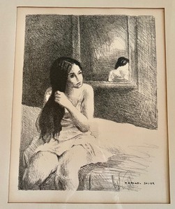lot 82 image: Girl on Bed by Raphael Sawyer Framed Lithograph