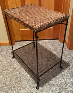 lot 261 image: Metal Based Accent Table with a Woven Wicker Top