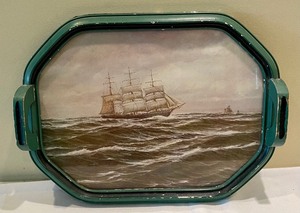 lot 271 image: Vintage Ship Themed Tray, Bell Clock Company Ship Clock and a Propeller