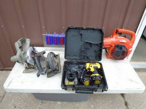 Assortment of 2 Porter Cable saws no battery or charger. Dewalt drill & leaf blower that is missing end tube. As shown.