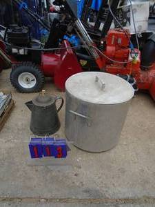 Large Booya pot 18 w x 16 h & cowboy coffee pot. As shown.