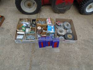 3 flats of misc hardare. Screws, pulleys & grinding wheels. As shown.