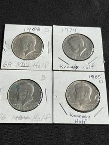 Four Kennedy Half Dollars - 1976D Centennial, 1974D, 1968D, 1985