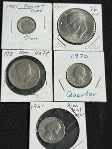 1951 Roosevelt Dime, 1976 Centennial IKE Dollar, 1971D Kennedy Half, 1970D Quarter, and 1981D Quarter w Rim Error