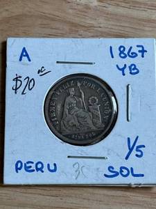 1867 Peruvian YB PERU 15 SOL KM-191 Silver Coin