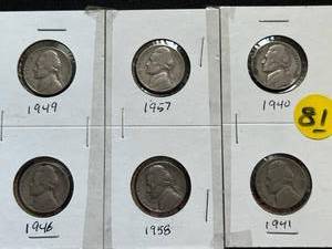 Six Jefferson Nickels (Ranging from 1940 to 1958)