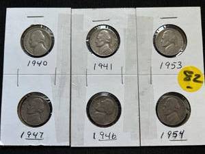 Six Jefferson Nickels (Range 1940-1954)