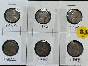 Six Jefferson Nickels (Range 1940-1959)