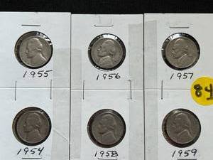 Six Jefferson Nickels (Range 1954-1959)