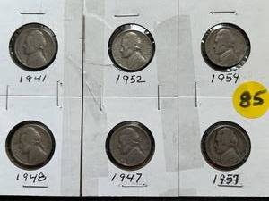 Six Jefferson Nickels (Range 1941-1957)
